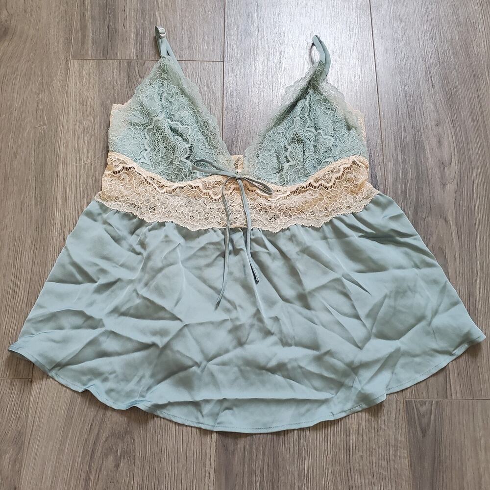 Victoria's Secret Sage Green Lace-Trimmed Camisole with Cream Lace